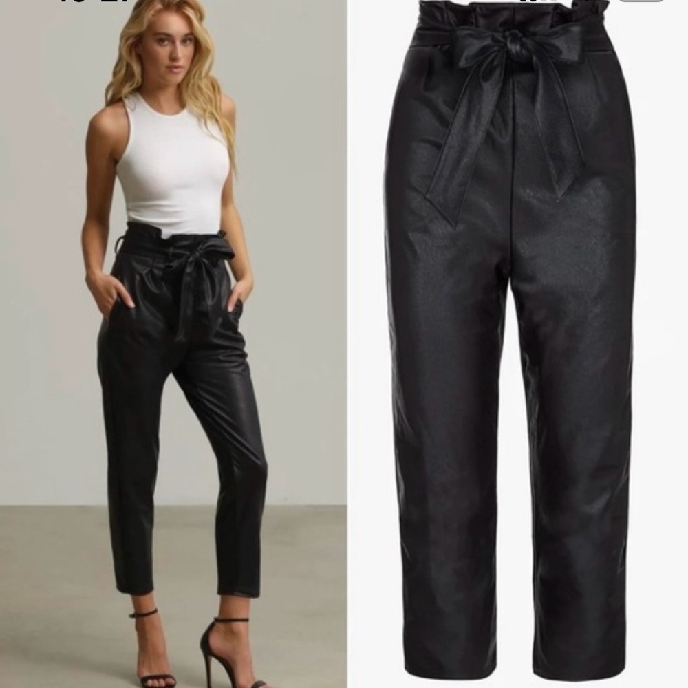 JOE’S black vegan leather high waisted paper bag pants with tie belt waist
